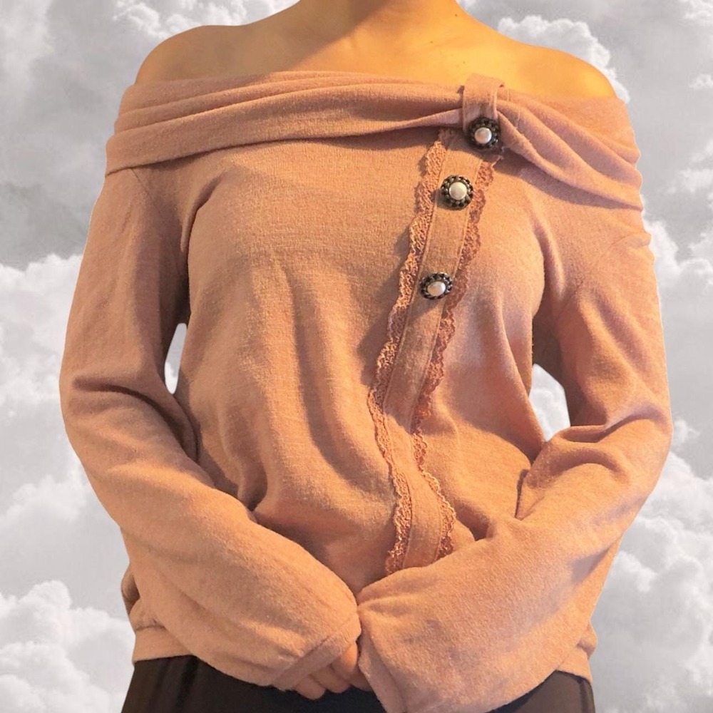 Axes Femme Rose Pink Off Shoulder Sweater Lace Pearl Button Girly Top TS34X145